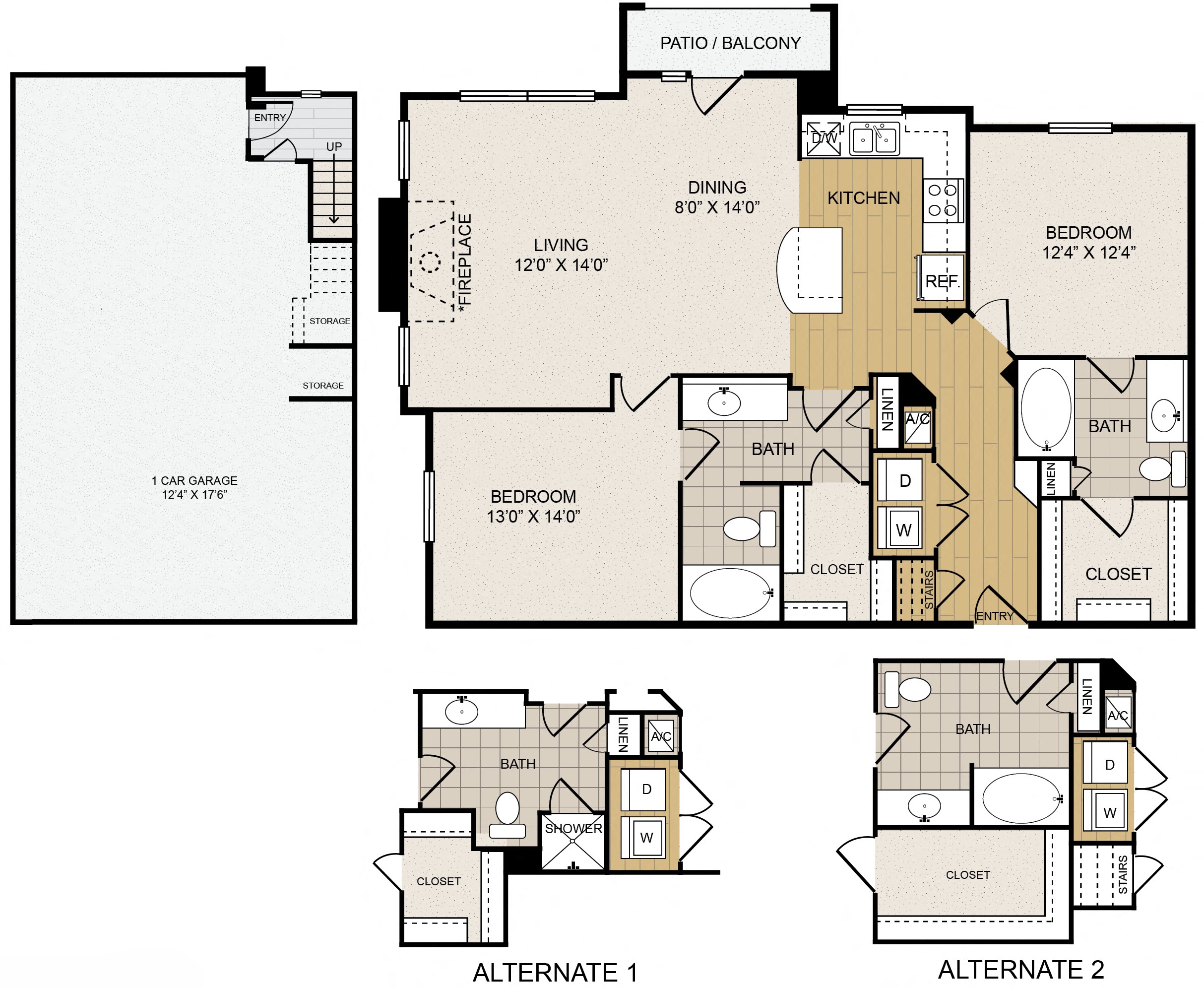 Floor plan for 2 beds, 2 baths, 1195 sqft